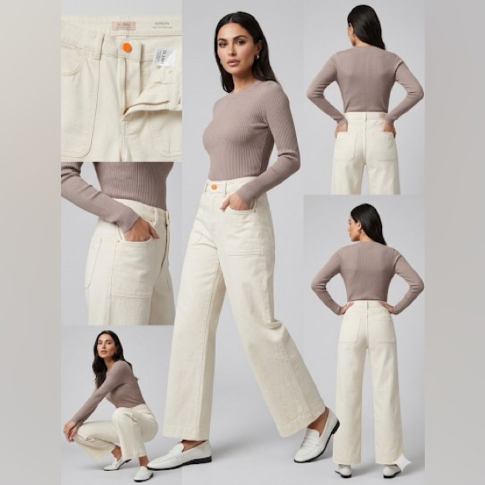 DL1961 Women's Wide Leg Jeans in Cream with Orange Button Accent